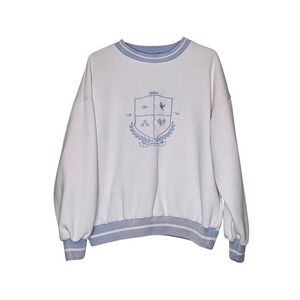 Yllw Wellness Academy Sweatshirt XS White Blue Crest Pullover Bleached Oversized